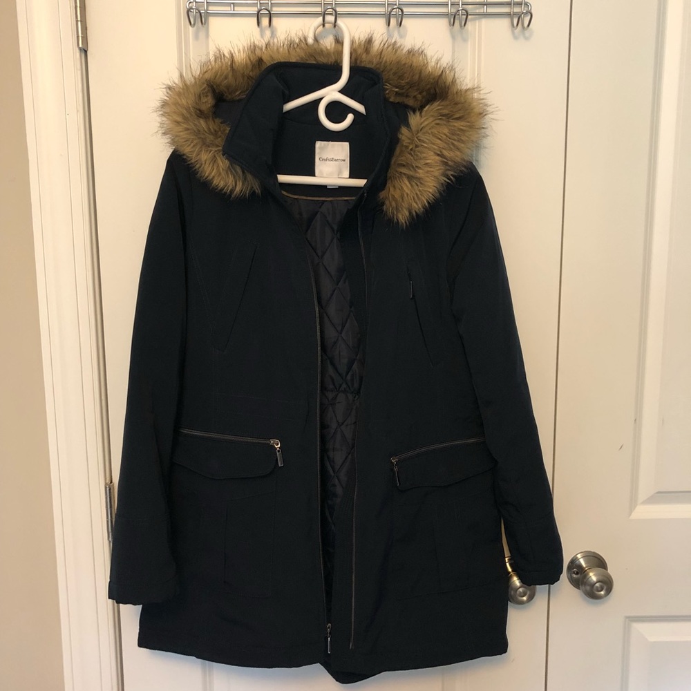 Navy Blue Trench Parka w/ Faux Fur Hood